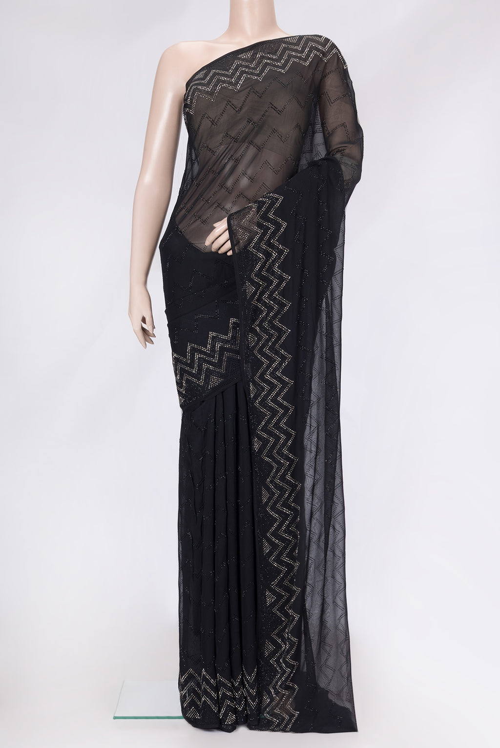 Black Dual Tone Mysore Georgette Saree with Embroidery on the body and Embroidery Border.  displayed on a mannequin