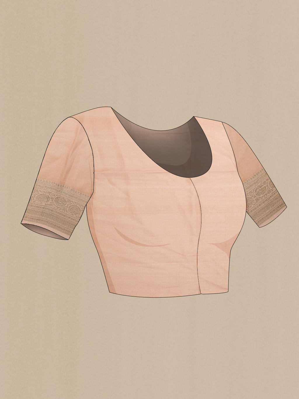 Close up image of the blouse of Peach Dual Tone Tussar Silk Saree with Printed design on the body and Zari Border. 