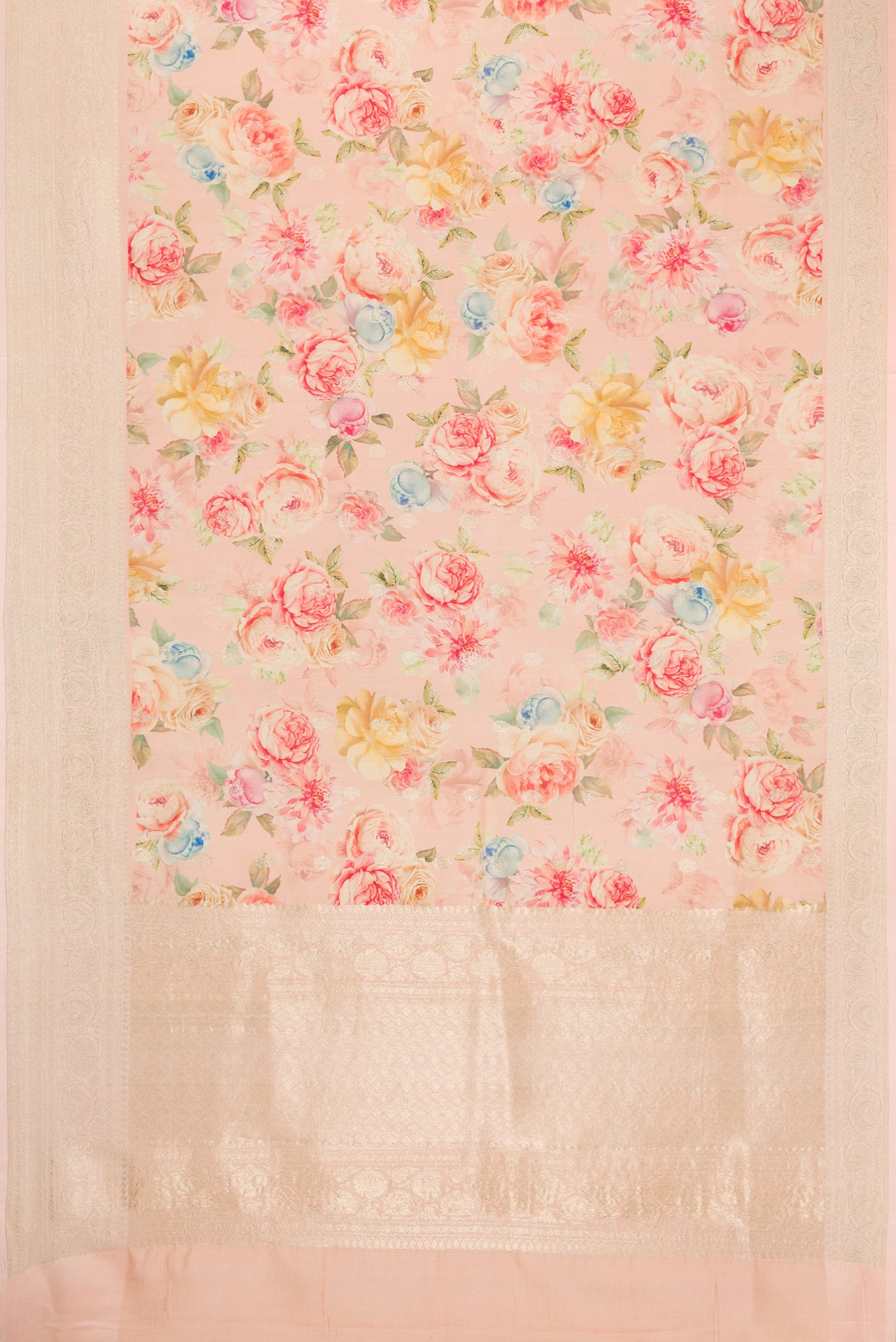 Flat view of Peach Dual Tone Tussar Silk Saree with Printed design on the body and Zari Border. 