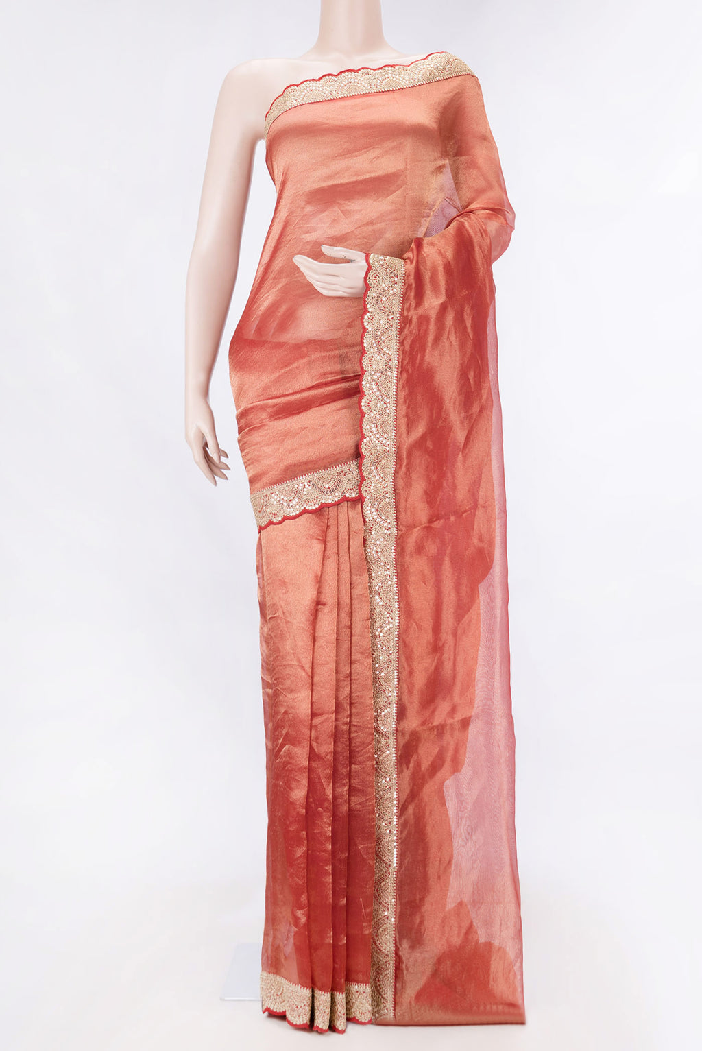 Red Dual Tone Organza Silk Saree with Plain Body and Embroidery Border displayed on a mannequin