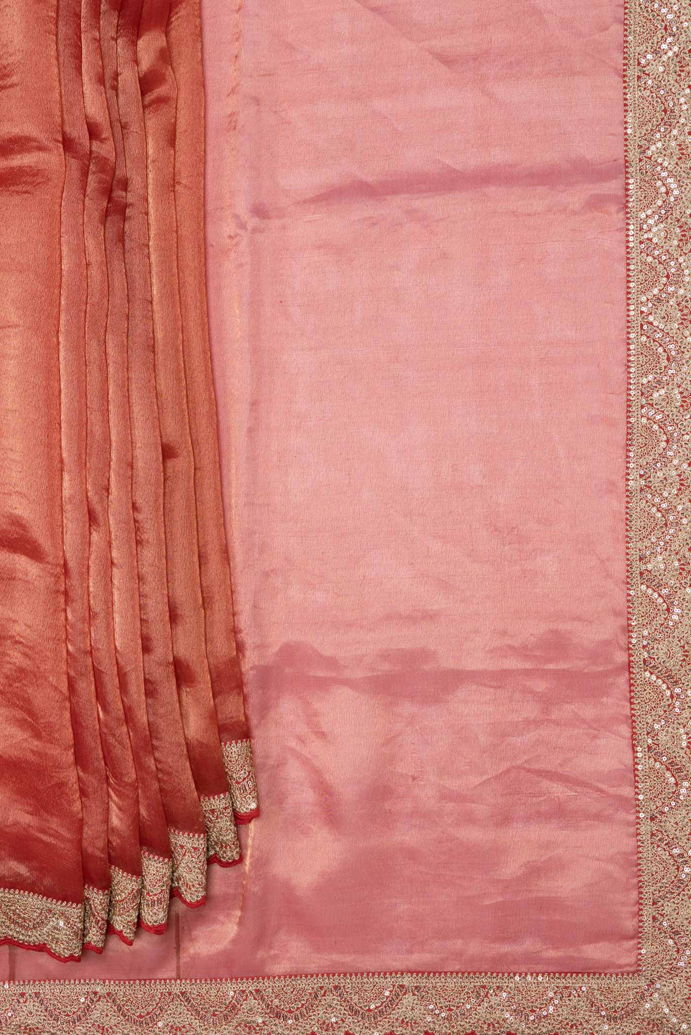 Pleats and pallu of Red Dual Tone Organza Silk Saree with Plain Body and Embroidery Border