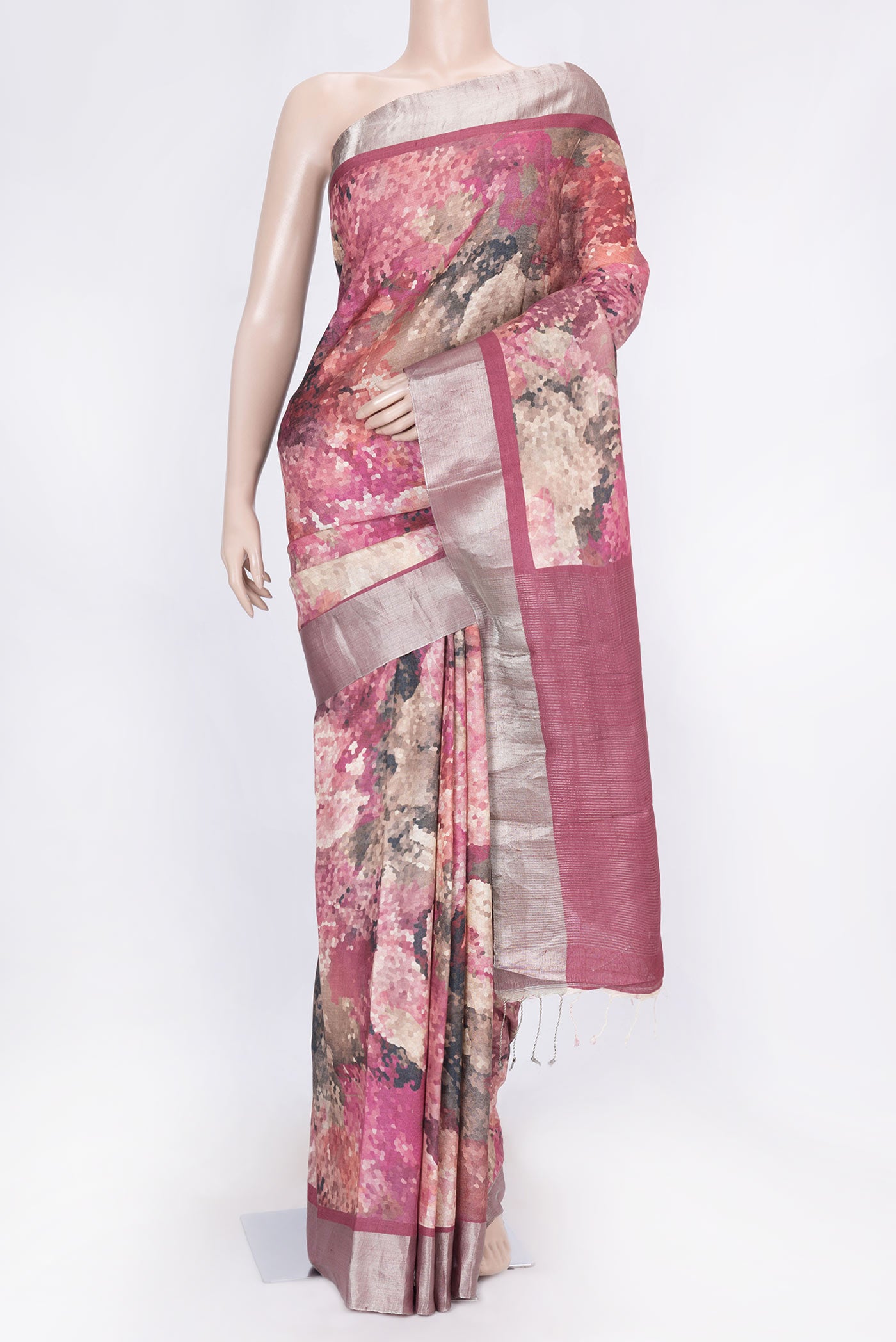 Pink Dual Tone Tussar Silk Saree with Printed design on the body and Zari Border displayed on a mannequin
