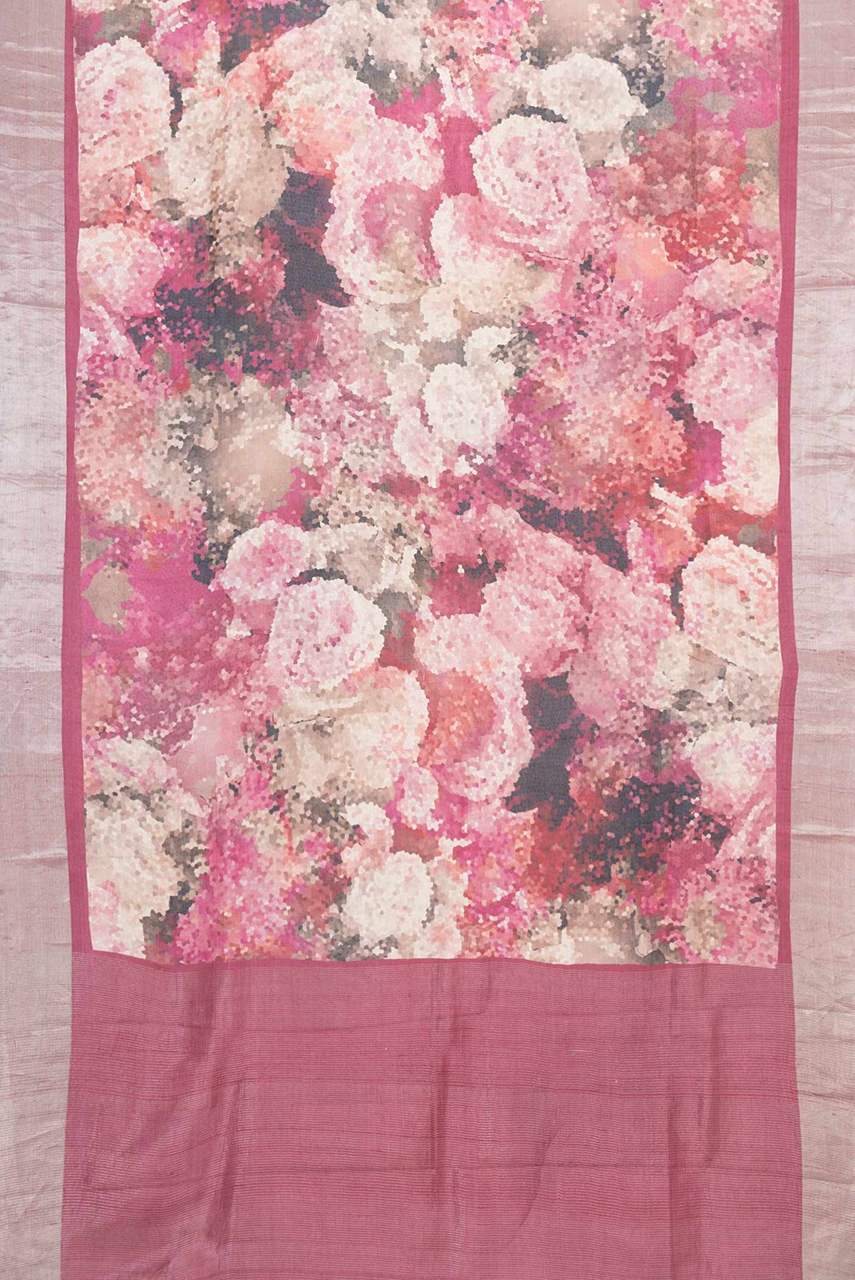 Flat view of Pink Dual Tone Tussar Silk Saree with Printed design on the body and Zari Border