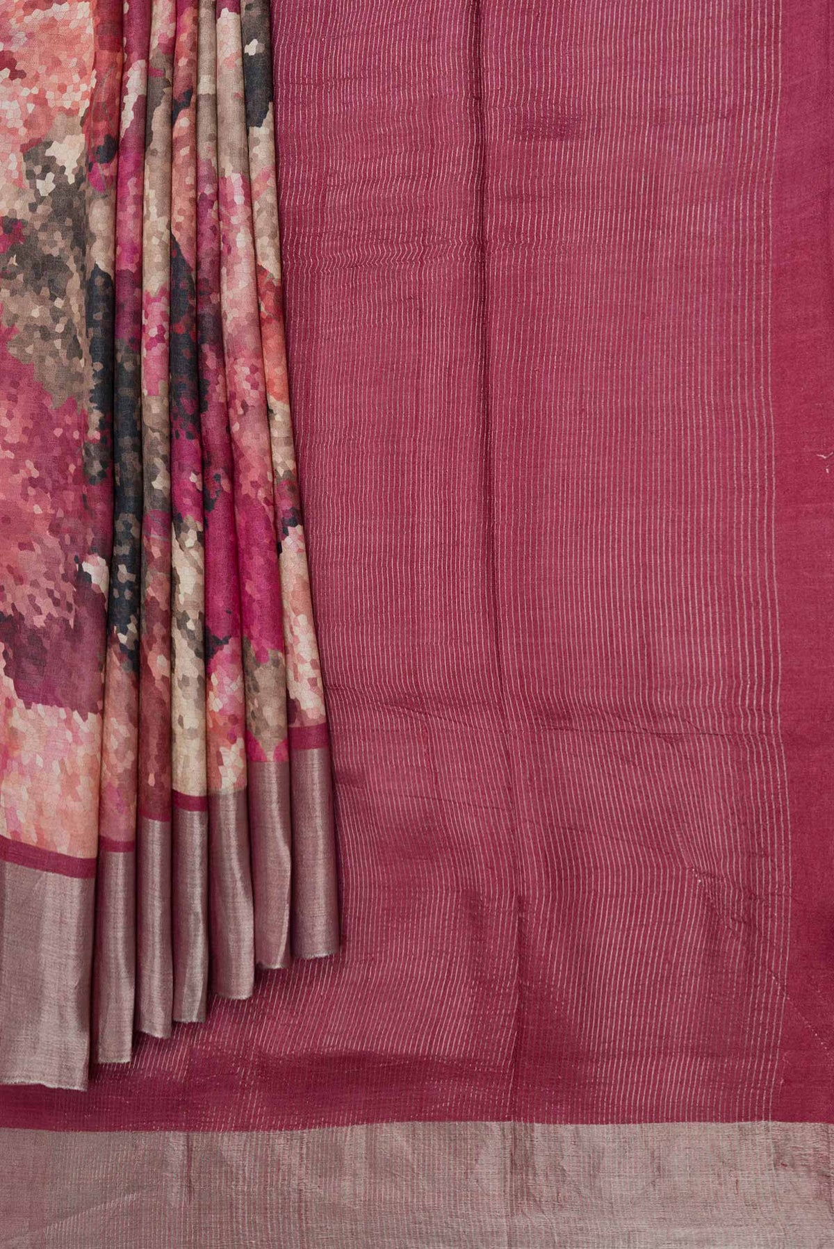 Pleats and pallu of Pink Dual Tone Tussar Silk Saree with Printed design on the body and Zari Border