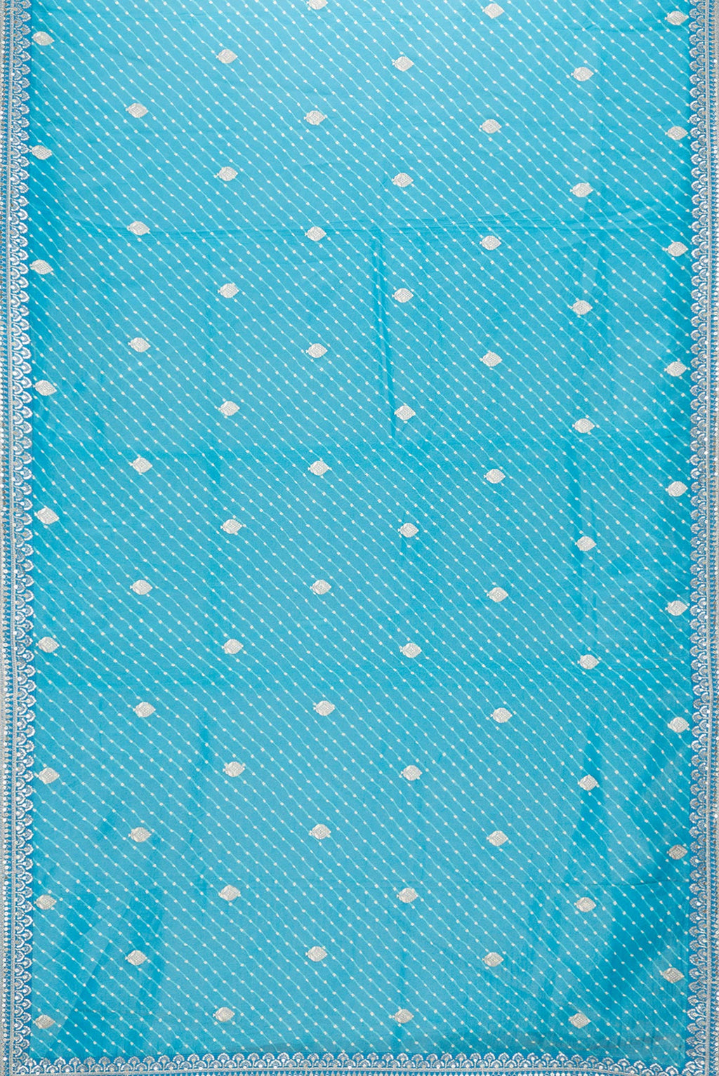 Flat view of Sky Blue Dual Tone Organza Silk Saree with Embroidery on the body and Embroidery Border. 