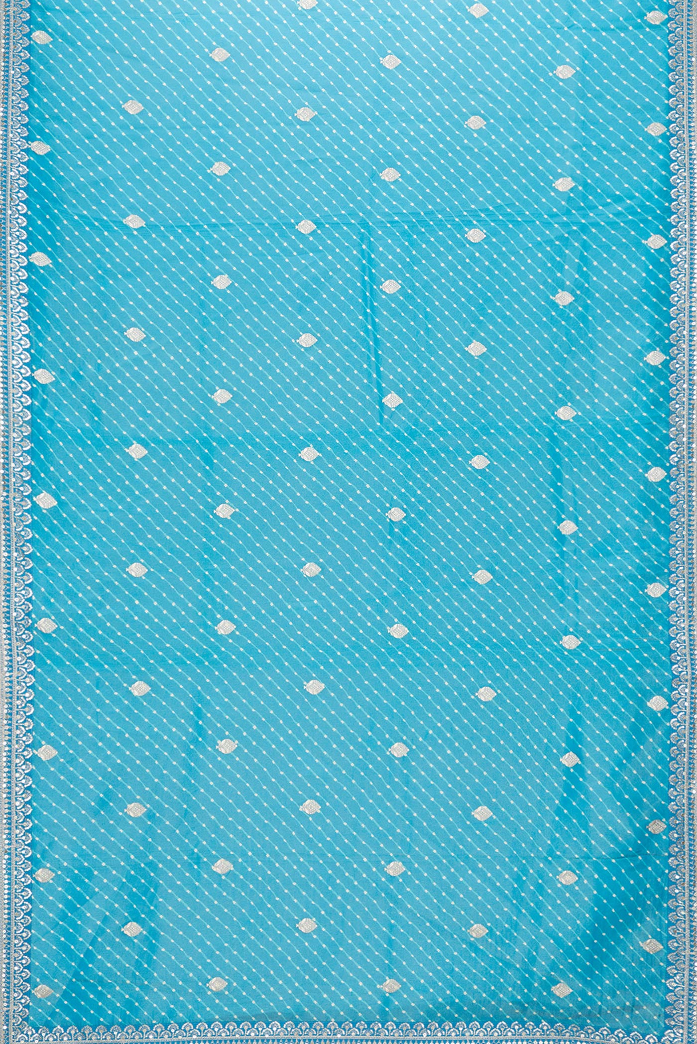Flat view of Sky Blue Dual Tone Organza Silk Saree with Embroidery on the body and Embroidery Border. 