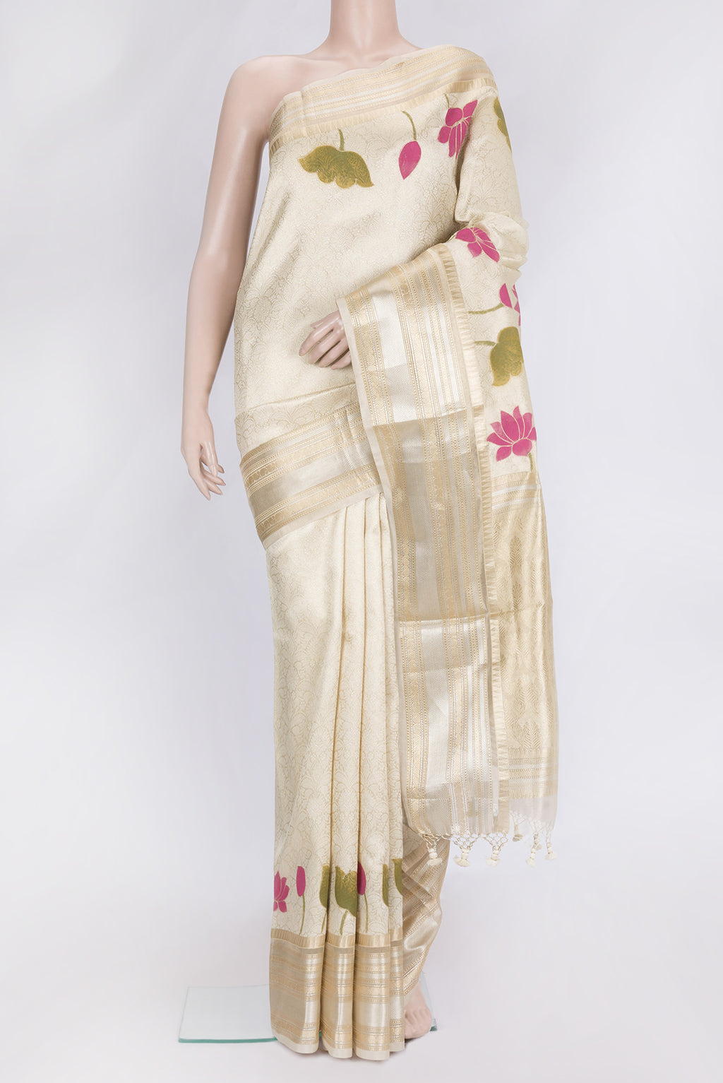 Sandal Dual Tone Organza Silk Saree with Zari Brocade on the body and Zari Border.  displayed on a mannequin