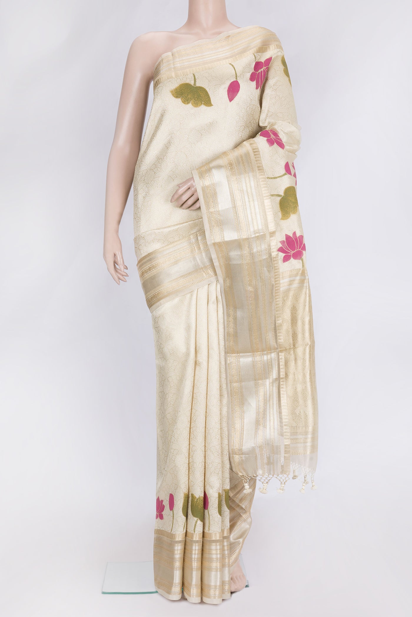 Sandal Dual Tone Organza Silk Saree with Zari Brocade on the body and Zari Border.  displayed on a mannequin