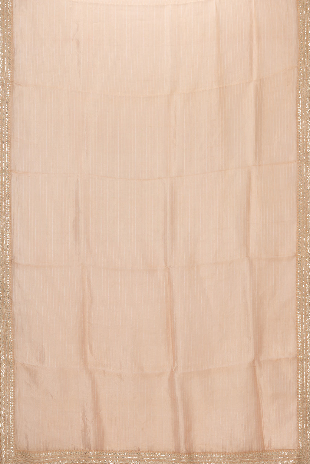 Flat view of Golden Peach Dual Tone Organza Silk Saree with Stripes on the body and Embroidery Border. 