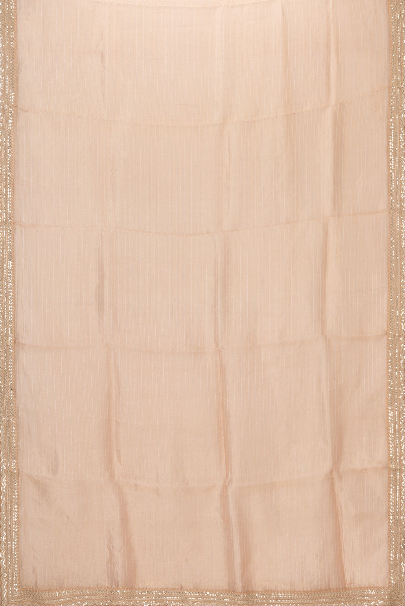 Flat view of Golden Peach Dual Tone Organza Silk Saree with Stripes on the body and Embroidery Border. 