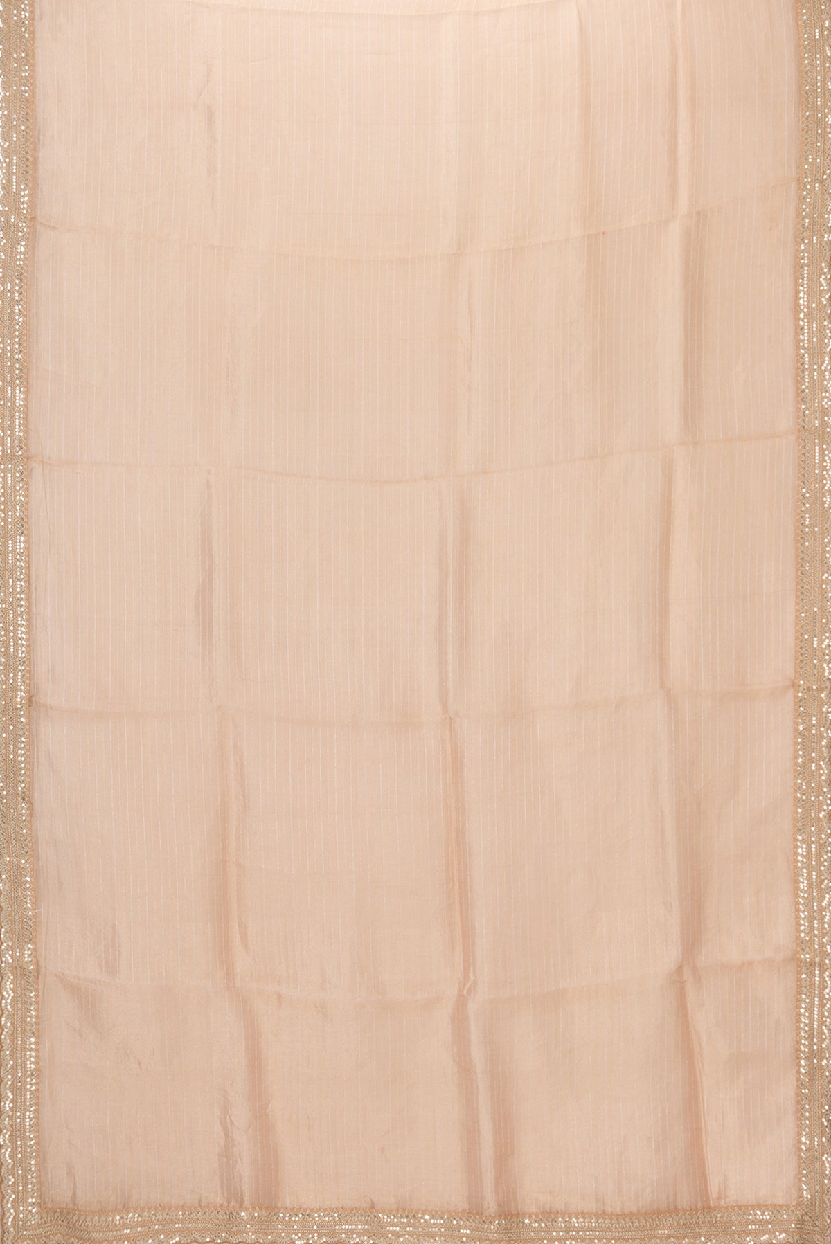 Flat view of Golden Peach Dual Tone Organza Silk Saree with Stripes on the body and Embroidery Border. 