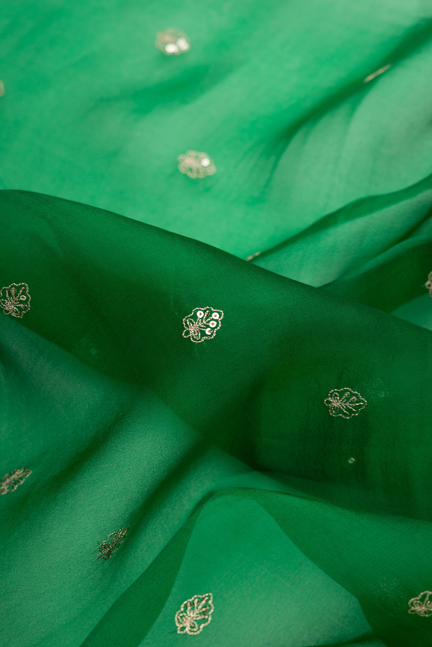 Close up of Bottle Green Dual Tone Organza Silk Saree with Embroidery on the body and Embroidery Border.  displaying folds