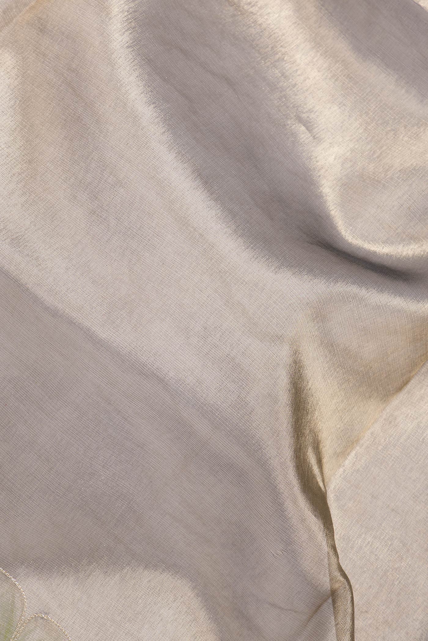 Close up of Brown Dual Tone Organza Silk Saree with Plain Body and Fancy Border.  displaying folds