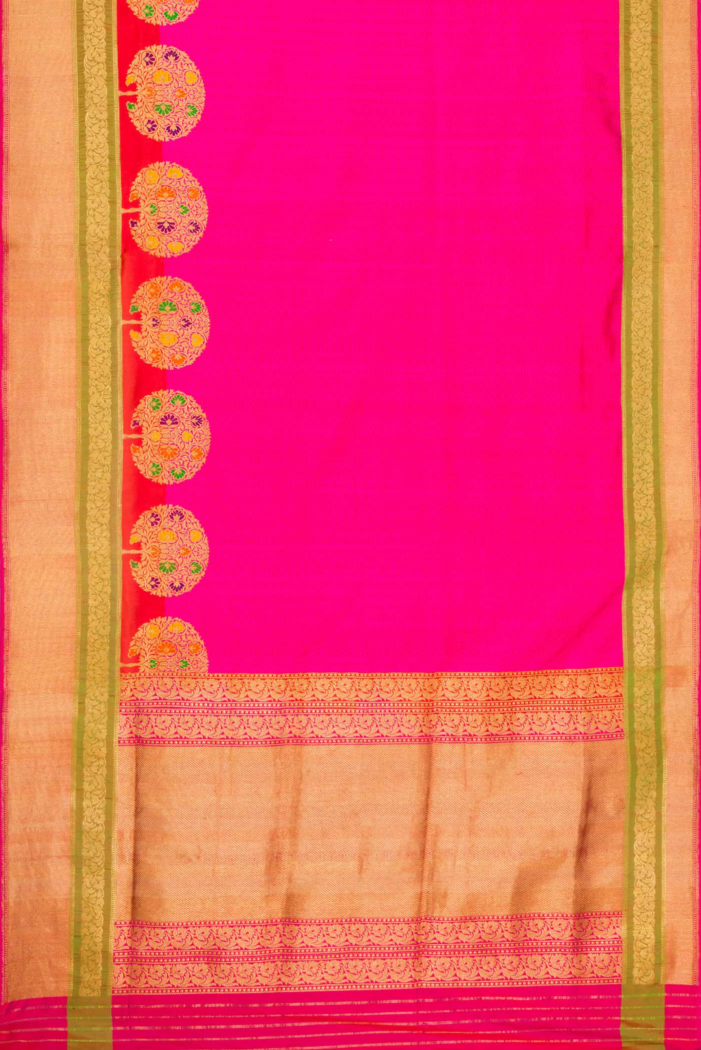 Flat view of Pure Silk Pure Zari Pink Dual Tone Banarasi Saree with Jacquard design on the body and Fancy Border