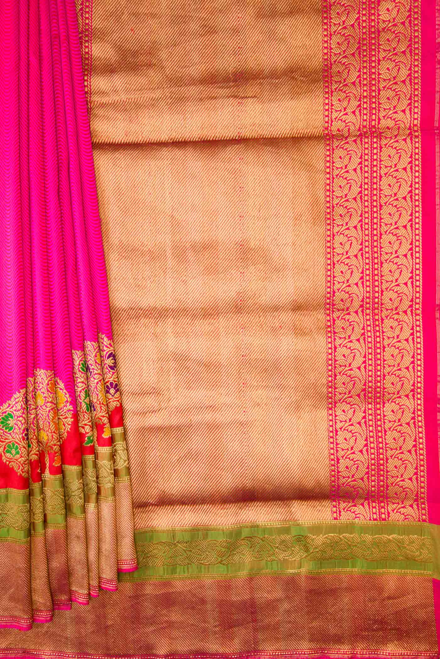 Pleats and pallu of Pure Silk Pure Zari Pink Dual Tone Banarasi Saree with Jacquard design on the body and Fancy Border
