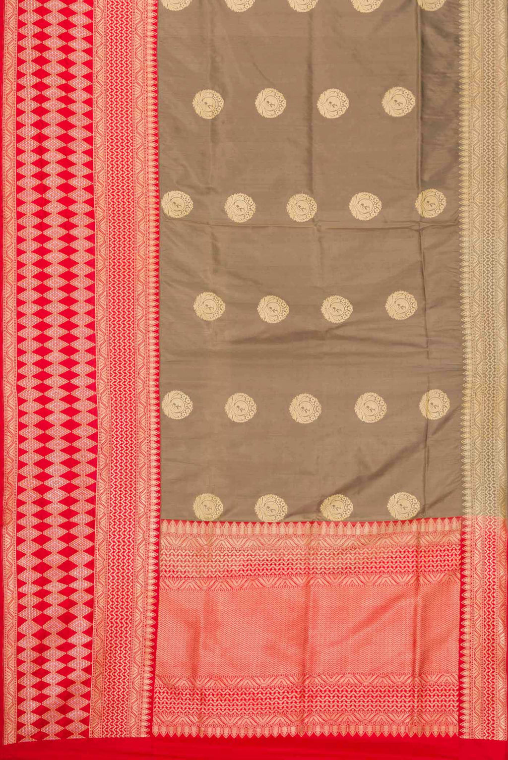 Flat view of Pure Silk Pure Zari Grey Dual Tone Banarasi Saree with Zari Butta on the body and Fancy Border