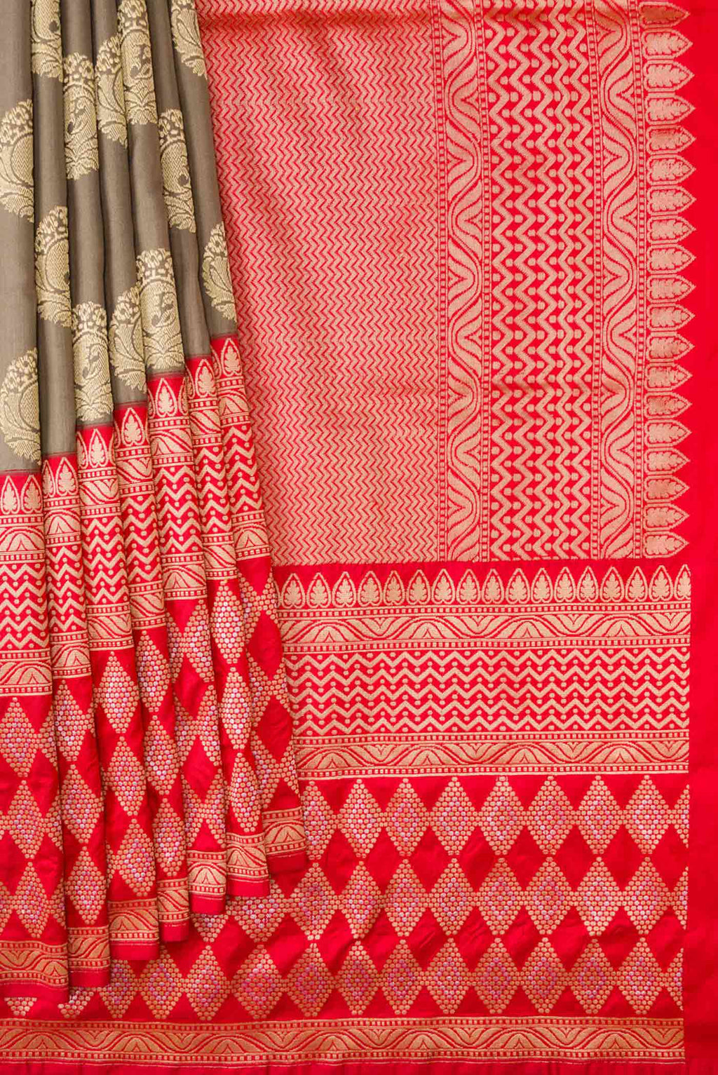 Pleats and pallu of Pure Silk Pure Zari Grey Dual Tone Banarasi Saree with Zari Butta on the body and Fancy Border
