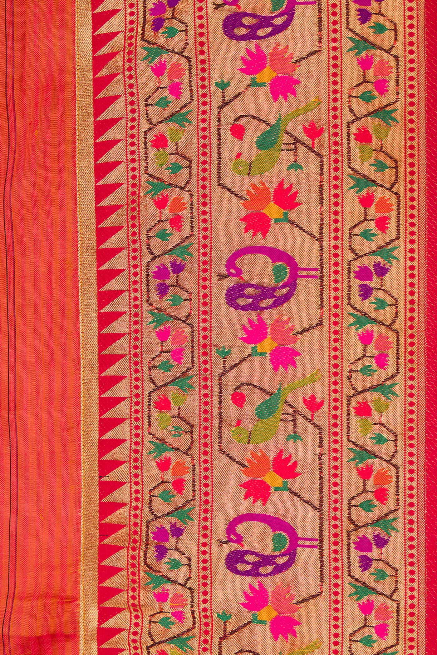 Border image of Red Dual Tone Rajkot Patola Silk Saree with Stripes on the body and Paithani Border. 