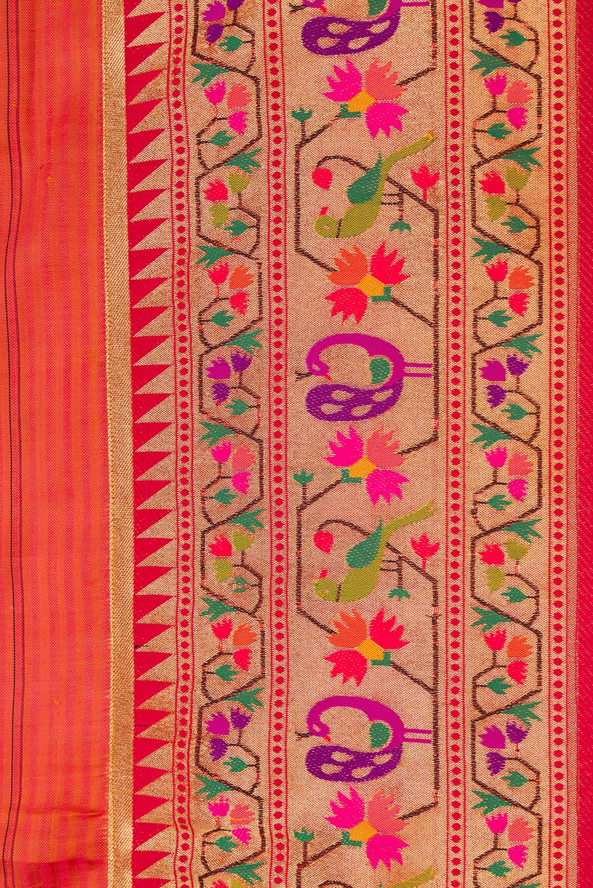 Border image of Red Dual Tone Rajkot Patola Silk Saree with Stripes on the body and Paithani Border. 