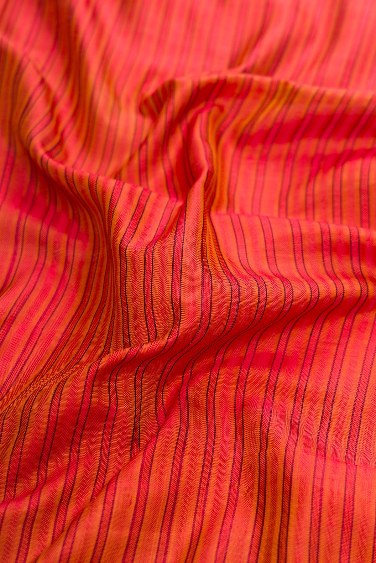 Close up of Red Dual Tone Rajkot Patola Silk Saree with Stripes on the body and Paithani Border.  displaying folds
