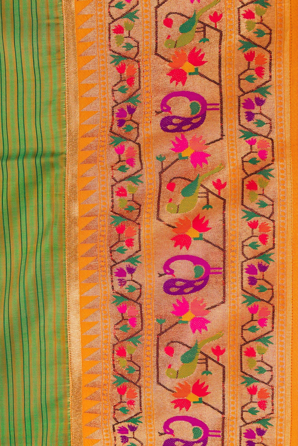 Border image of Green Dual Tone Rajkot Patola Silk Saree with Stripes on the body and Paithani Border. 