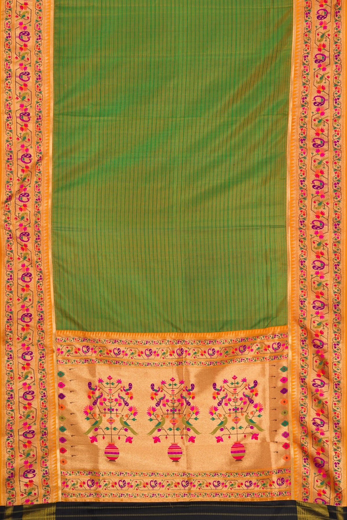 Flat view of Green Dual Tone Rajkot Patola Silk Saree with Stripes on the body and Paithani Border. 