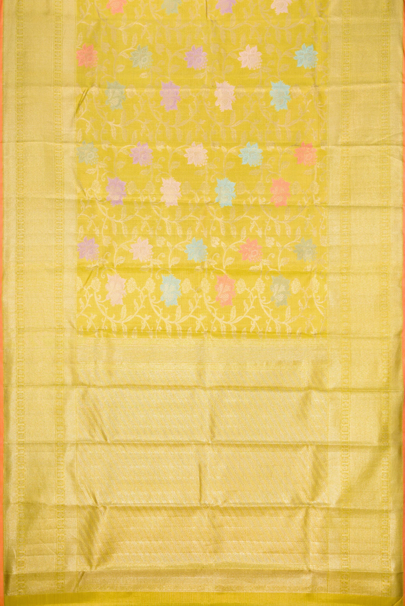 Flat view of Gold Dual Tone Kanjivaram Tissue Silk Saree with Zari Brocade on the body and Zari Border. 
