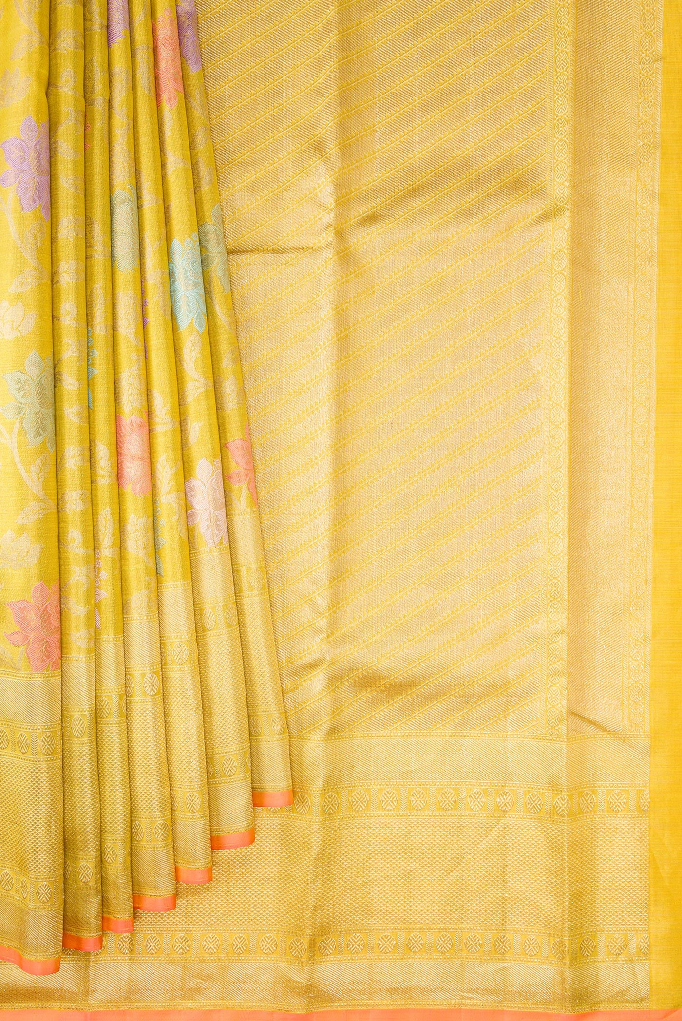 Pleats and pallu of Gold Dual Tone Kanjivaram Tissue Silk Saree with Zari Brocade on the body and Zari Border. 