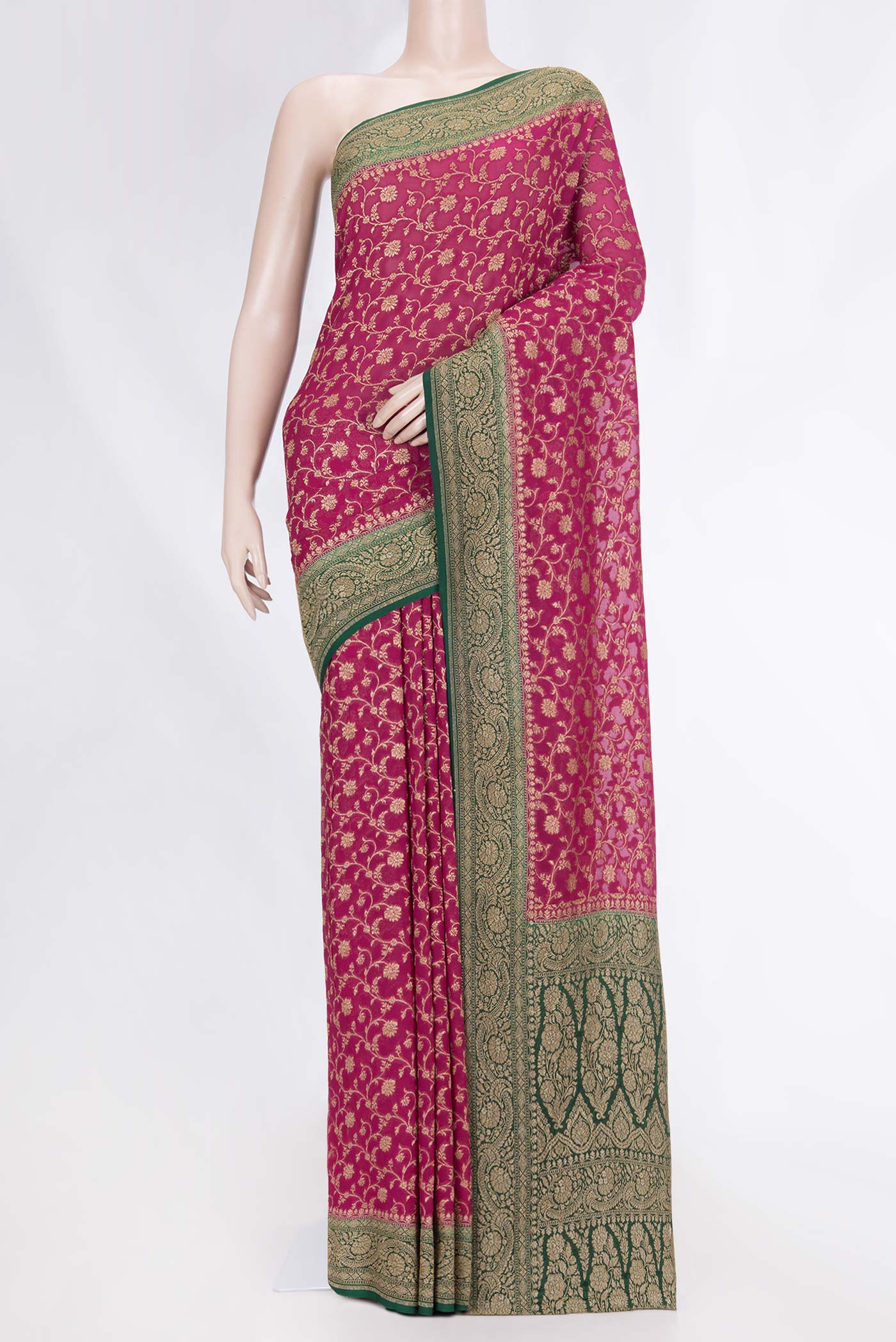Dark Pink Banarasi Georgette Saree with Zari Brocade on the body and Zari Border displayed on a mannequin