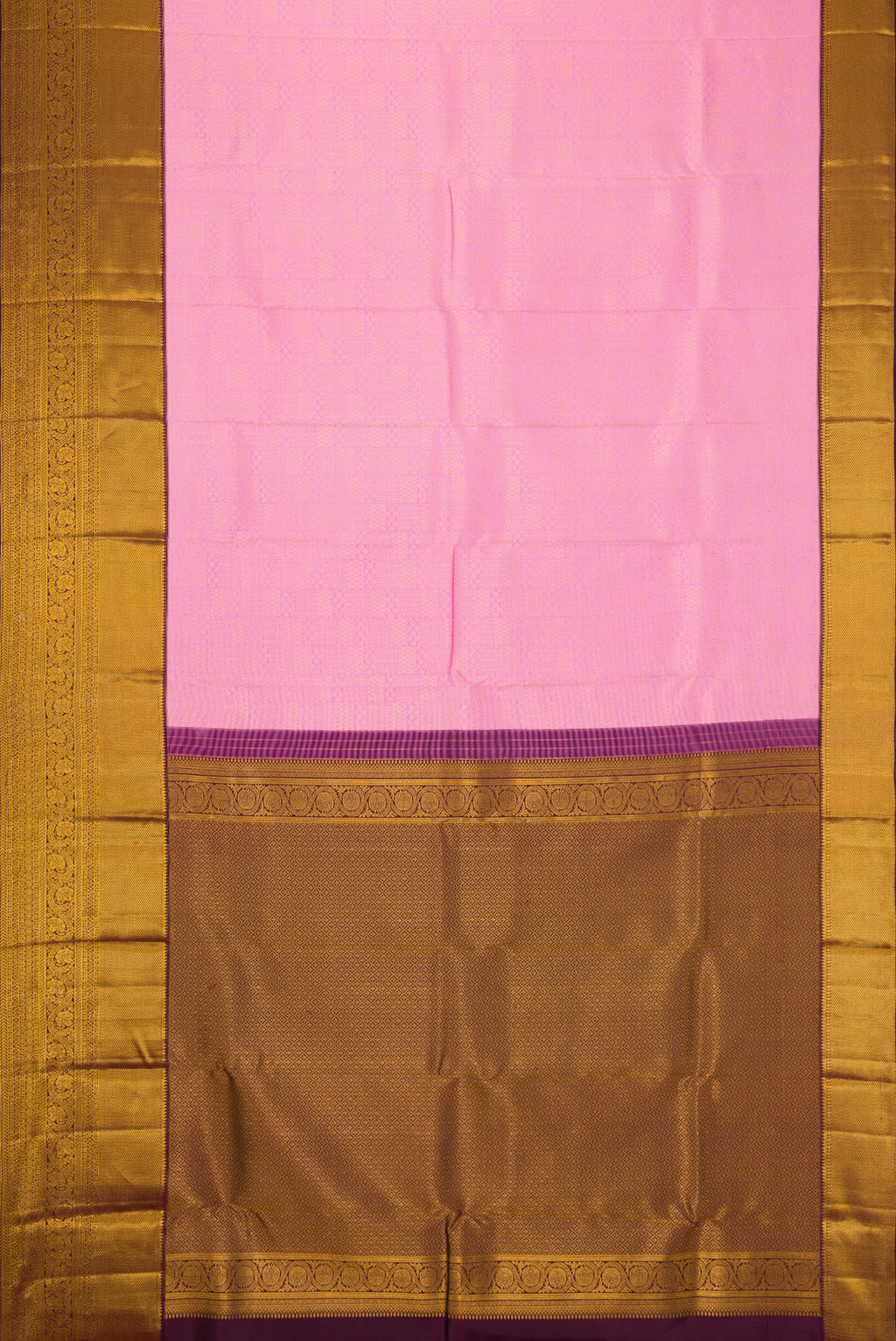 Flat view of Pink Dual Tone Kanjivaram Silk Saree with Zari Brocade on the body and Zari Border. 