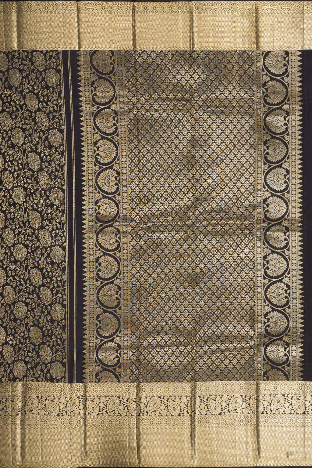 Close up image of the pallu of Black Dual Tone Kanchipuram Silk Saree with Zari Brocade on the body and Zari Border. 