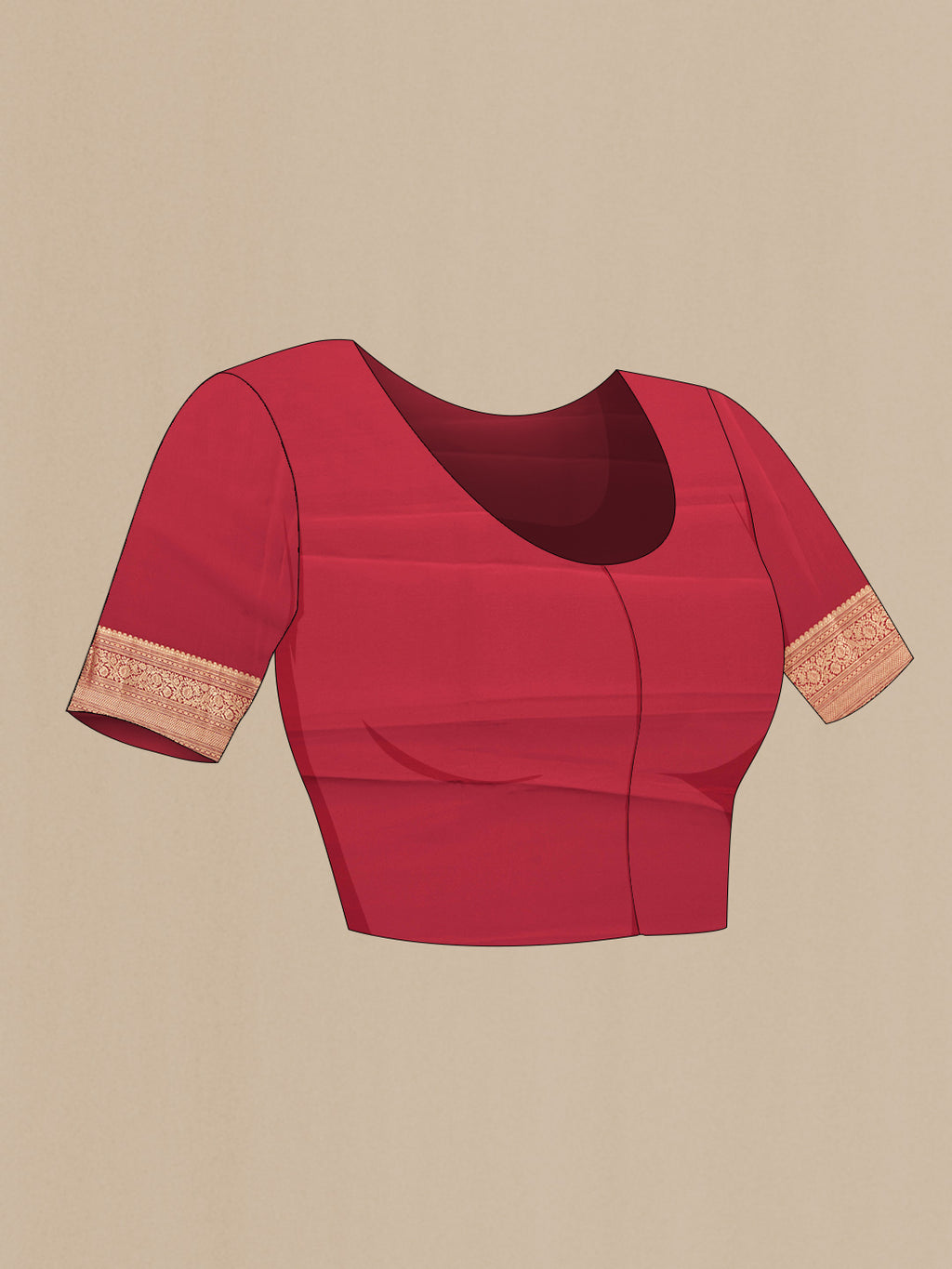 Close up image of the blouse of Red Dual Tone Mysore Silk Saree with Jacquard With Zari Butta on the body and Zari Border. 
