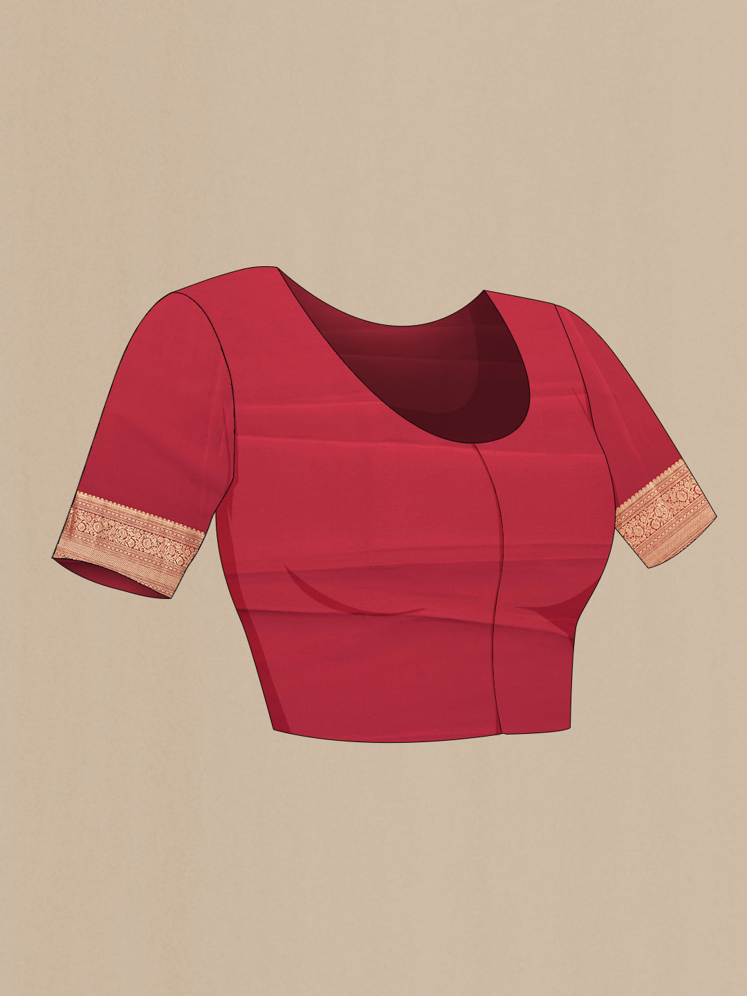 Close up image of the blouse of Red Dual Tone Mysore Silk Saree with Jacquard With Zari Butta on the body and Zari Border. 