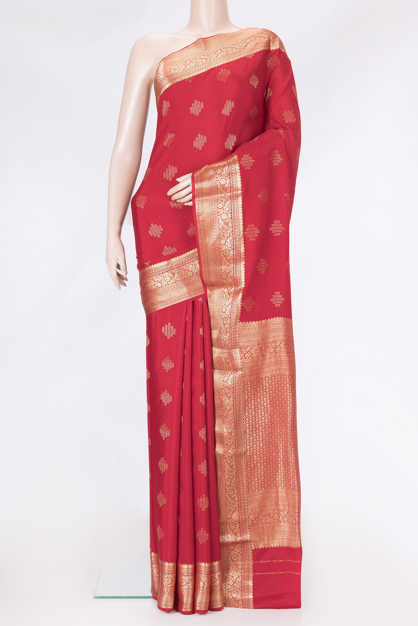Red Dual Tone Mysore Silk Saree with Jacquard With Zari Butta on the body and Zari Border.  displayed on a mannequin
