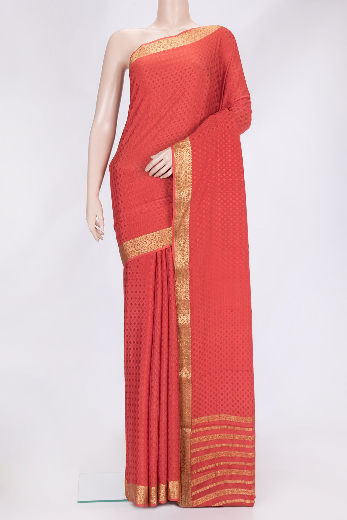 Pink Dual Tone Mysore Georgette Saree with Jacquard design on the body and Zari Border.  displayed on a mannequin