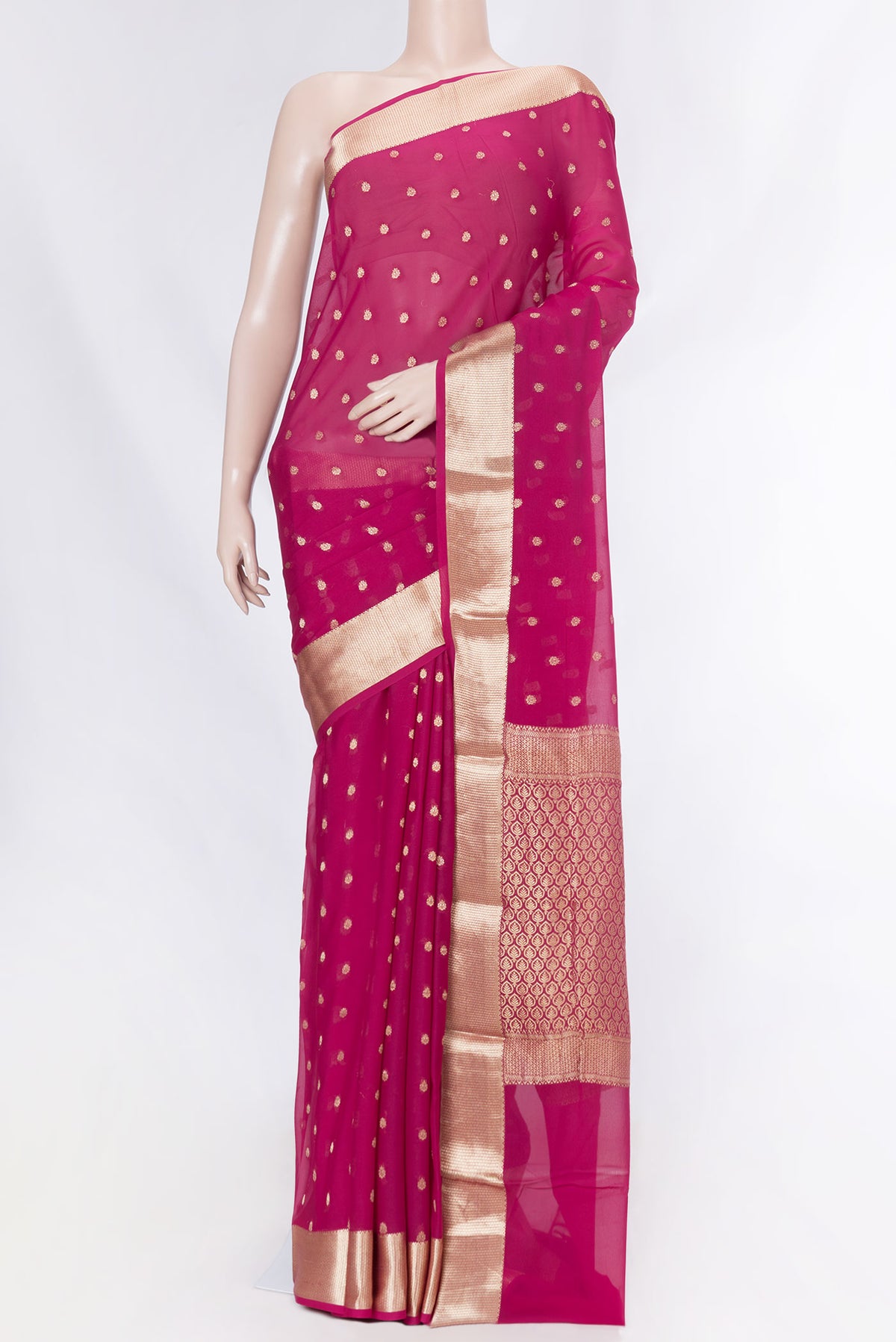 Pink Dual Tone Georgette Saree with Zari Butta on the body and Zari Border displayed on a mannequin