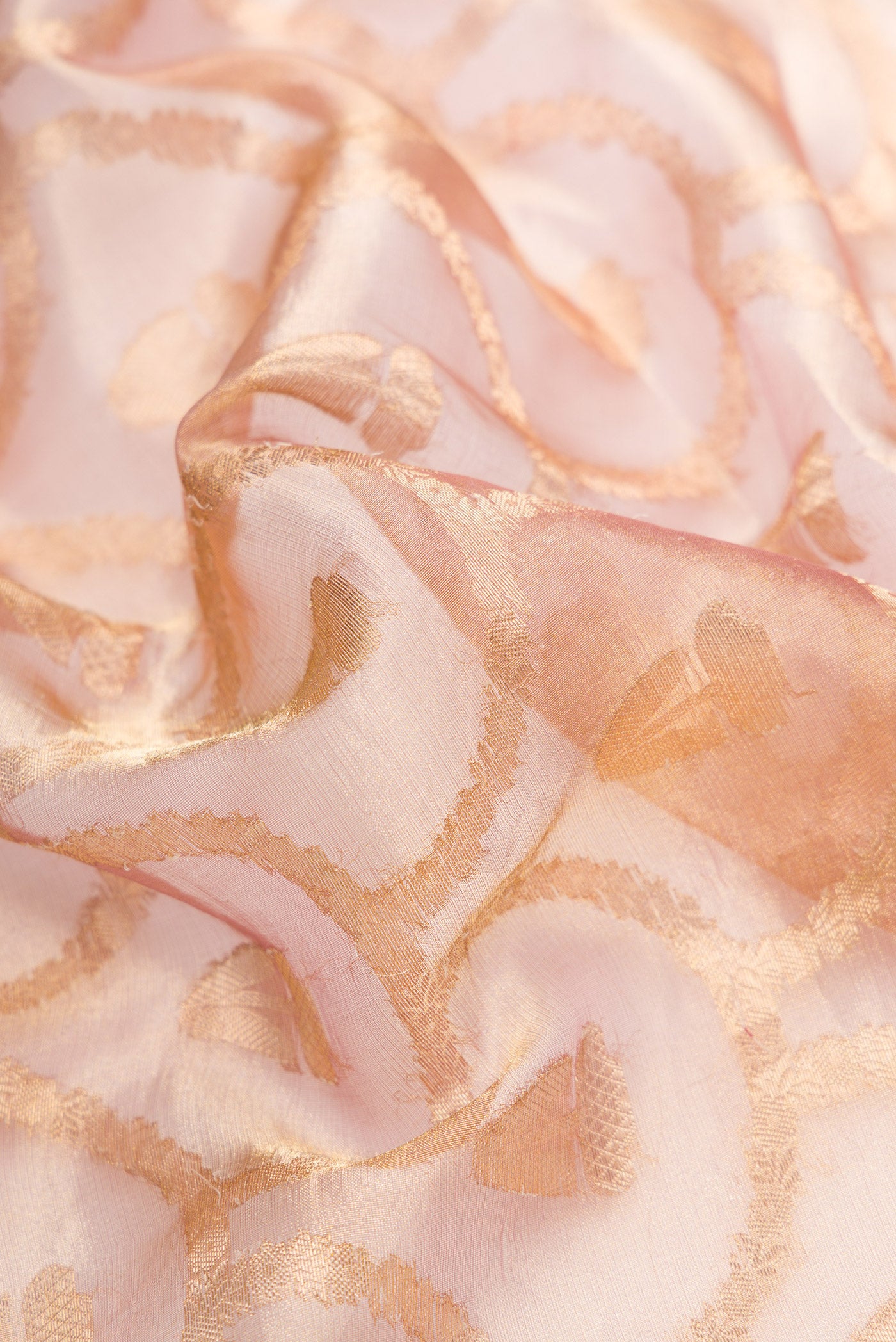Close up of Pink Dual Tone Organza Silk Saree with Zari Brocade on the body and Zari Border.  displaying folds