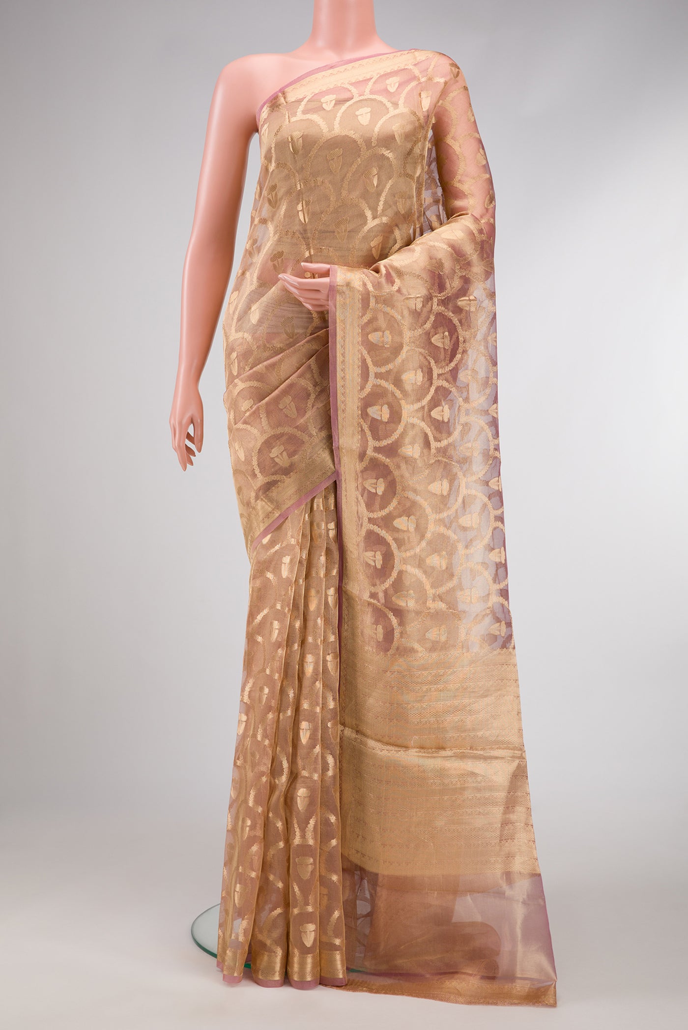 Pink Dual Tone Organza Silk Saree with Zari Brocade on the body and Zari Border.  displayed on a mannequin