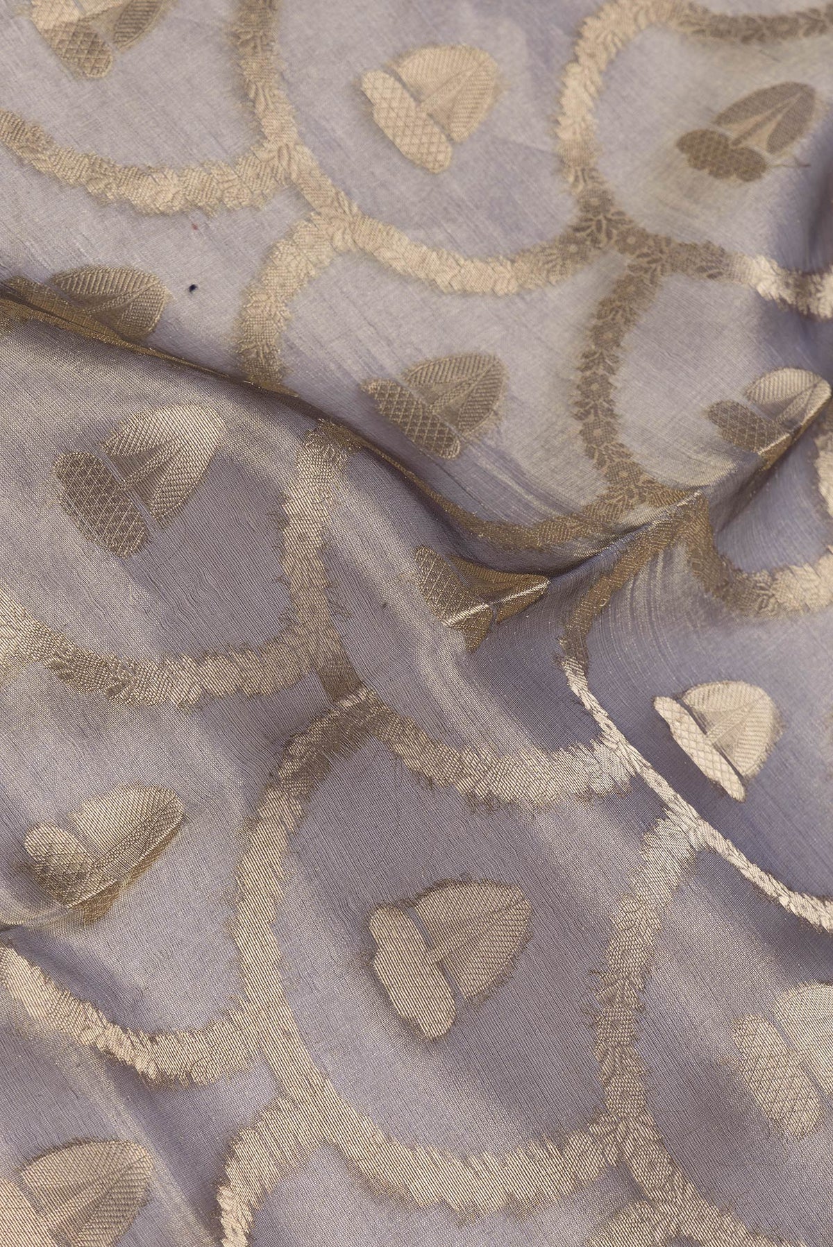Close up of Gold Dual Tone Organza Silk Saree with Zari Brocade on the body and Zari Border.  displaying folds