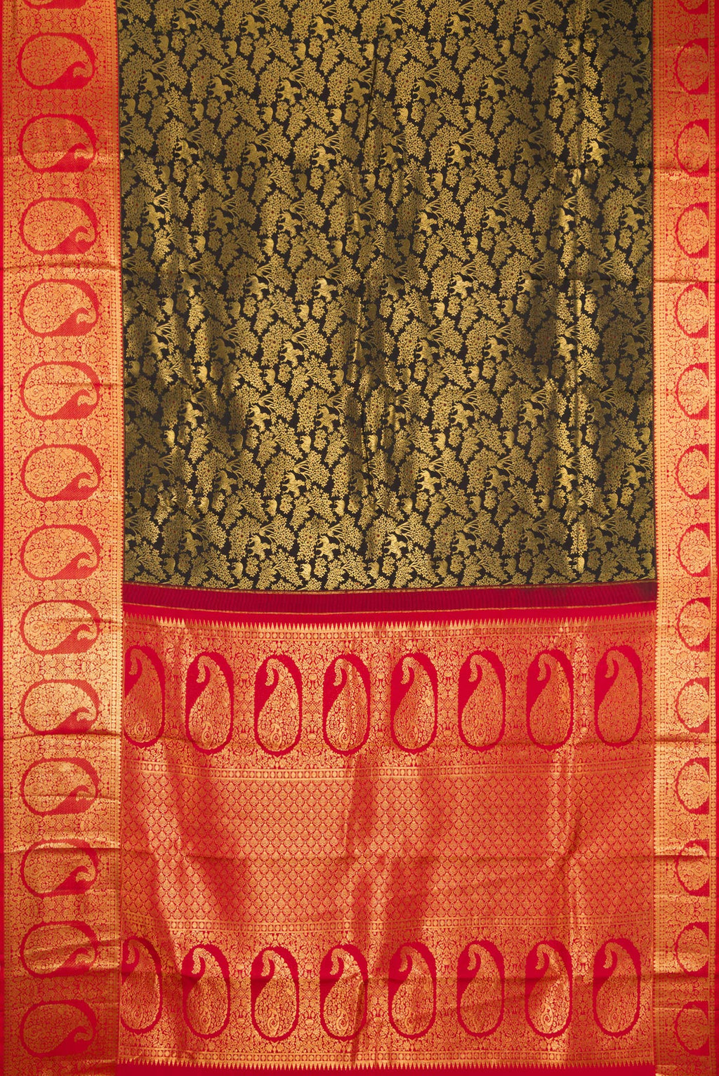 Flat view of Black Kanchipuram Silk Saree with Zari Brocade on the body and Zari Border. 