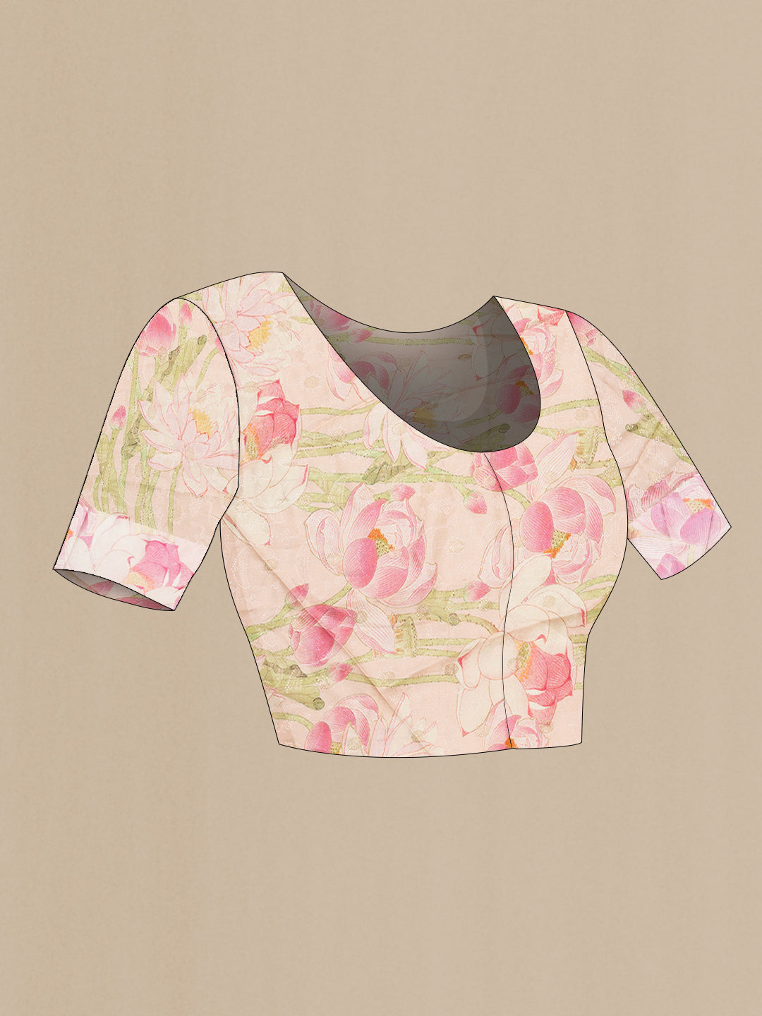 Close up image of the blouse of Peach Tussar Saree with Jacquard With Zari Butta on the body and Fancy Border. 