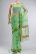 Green Kota Silk Saree with Zari And Thread Butta on the body and Zari Border displayed on a mannequin