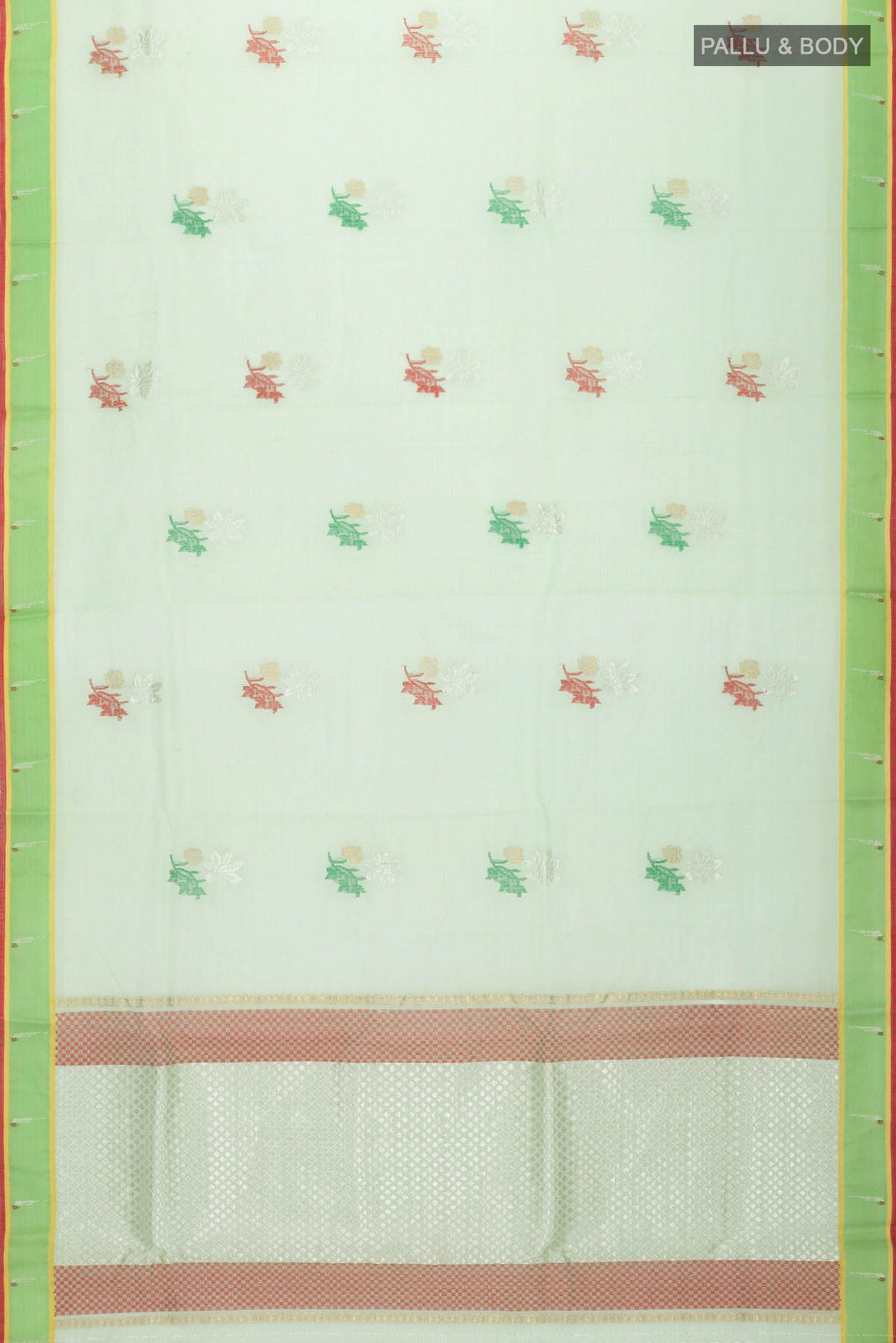 Flat view of Green Kota Silk Saree with Zari And Thread Butta on the body and Zari Border