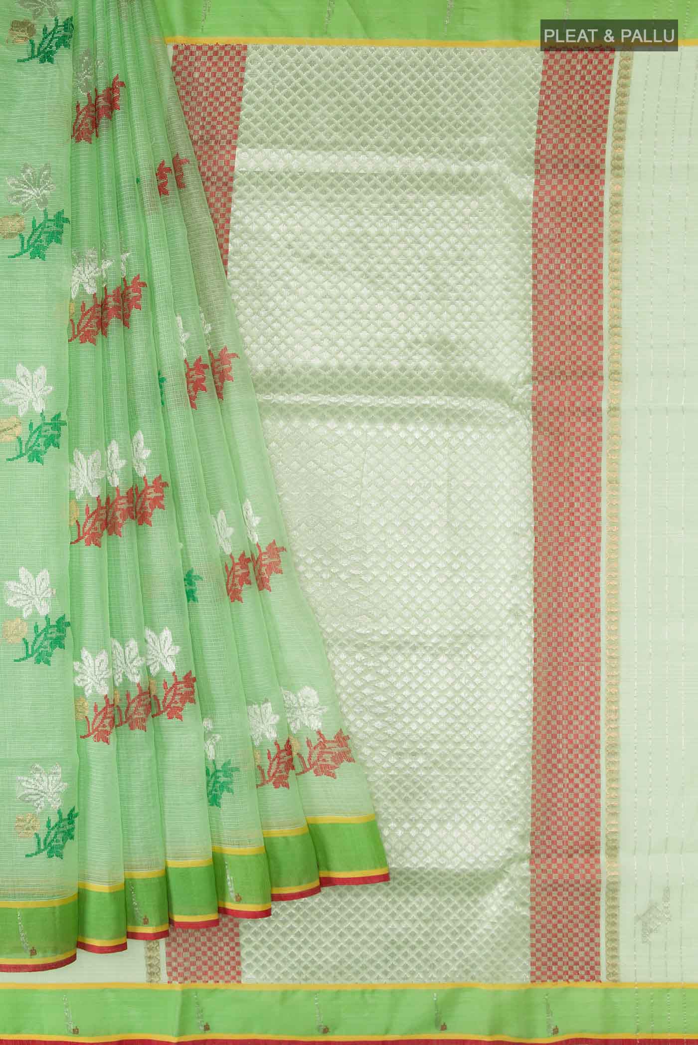 Pleats and pallu of Green Kota Silk Saree with Zari And Thread Butta on the body and Zari Border