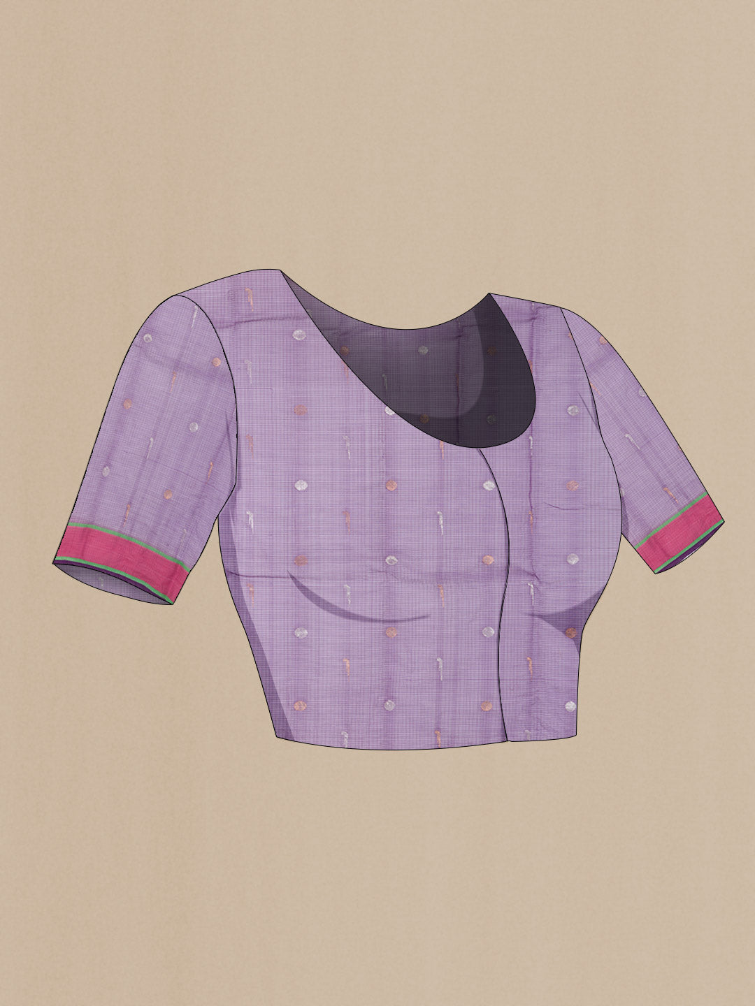 Close up image of the blouse of Pink Kota Silk Saree with Zari Butta on the body and Zari Border