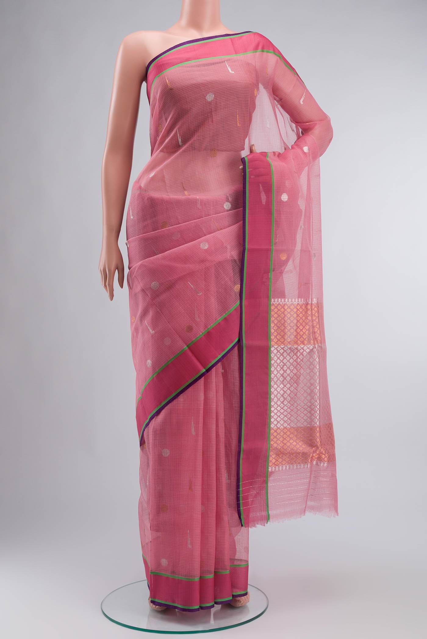 Pink Kota Silk Saree with Zari Butta on the body and Zari Border displayed on a mannequin