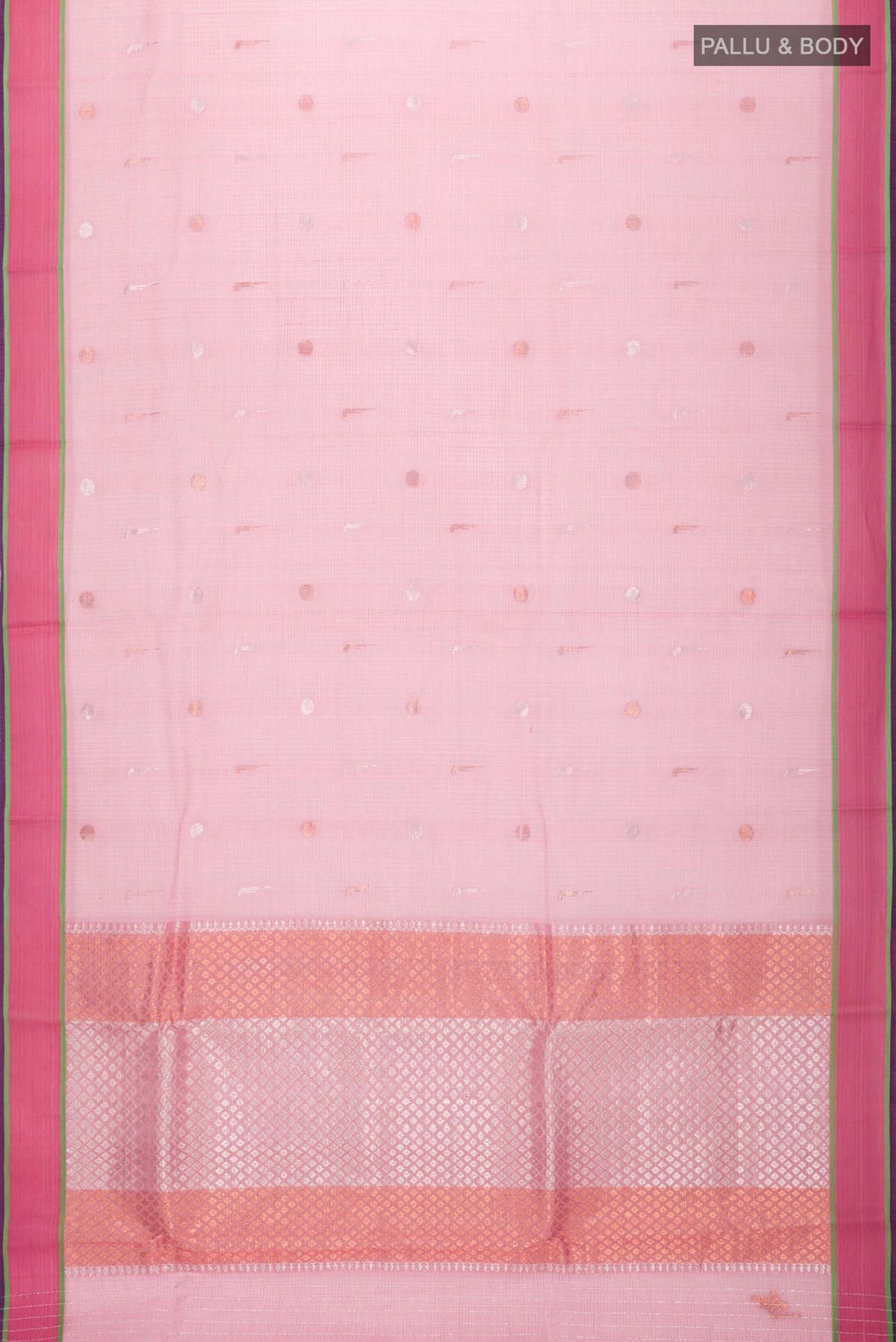 Flat view of Pink Kota Silk Saree with Zari Butta on the body and Zari Border