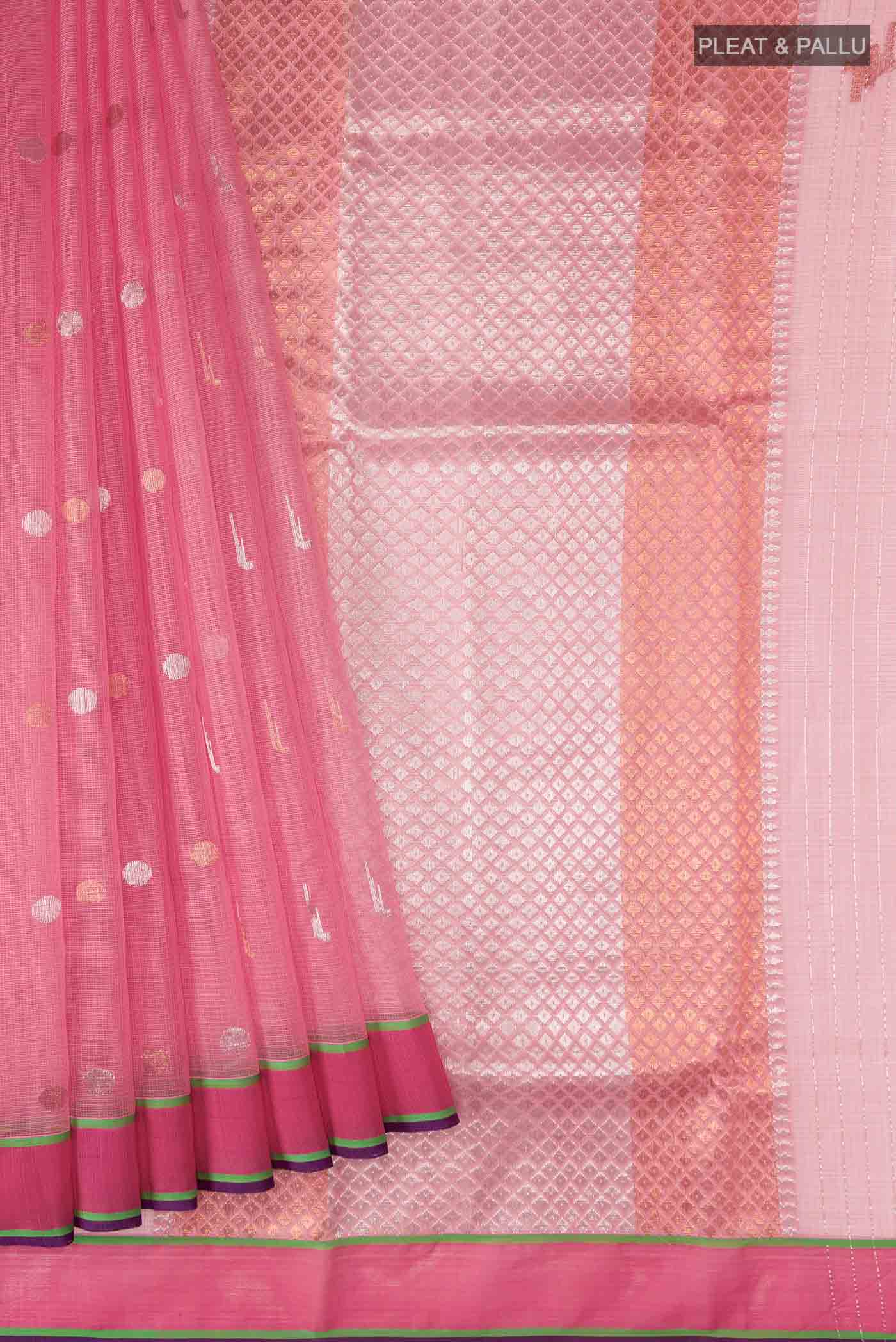 Pleats and pallu of Pink Kota Silk Saree with Zari Butta on the body and Zari Border