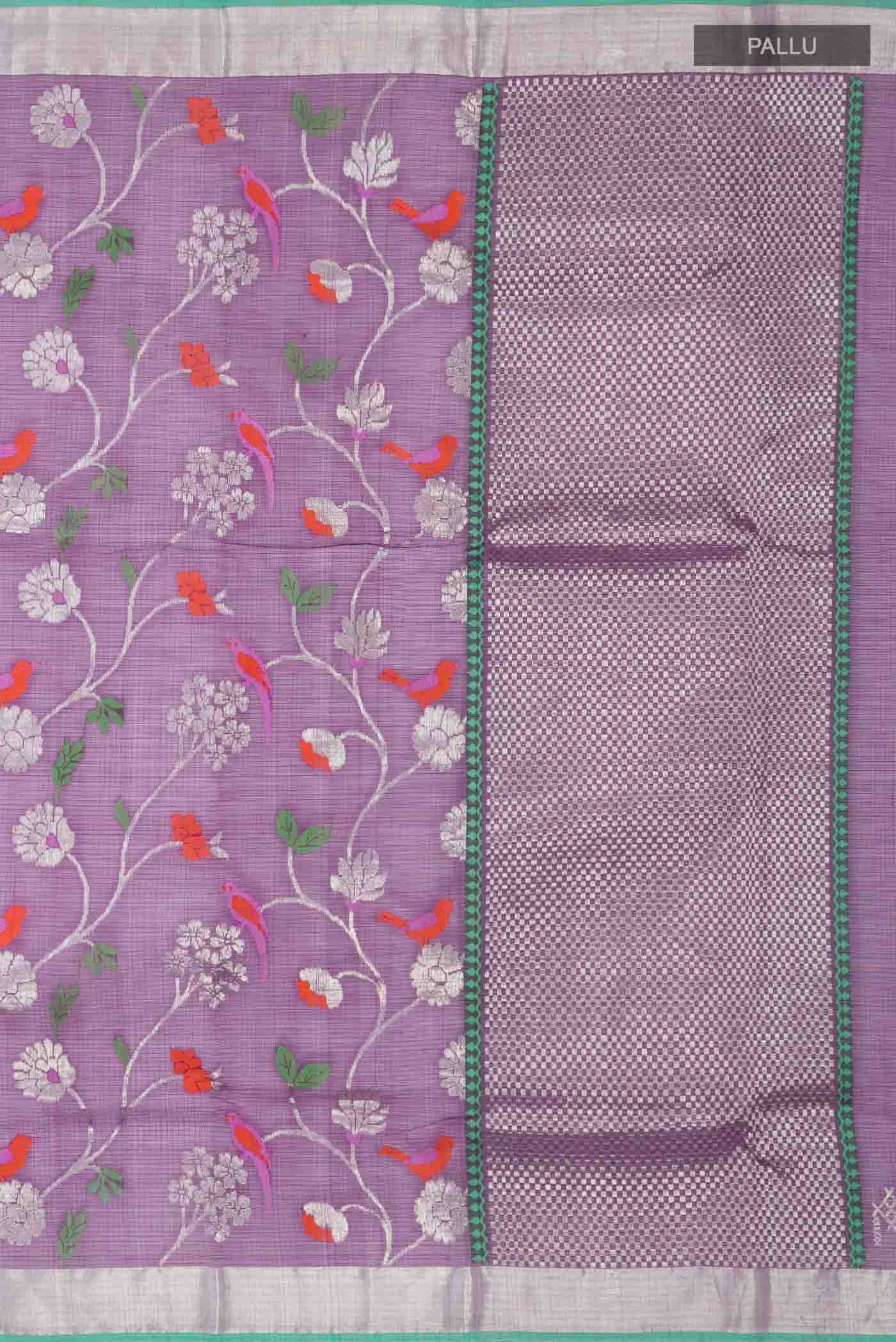 Close up image of the pallu of Blue Kota Silk Saree with Zari And Thread Butta on the body and Zari Border
