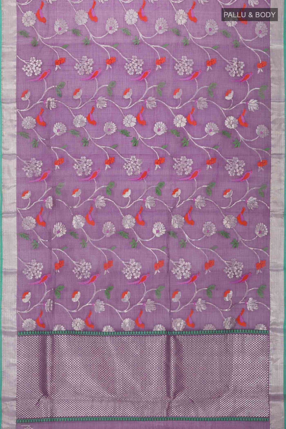 Flat view of Blue Kota Silk Saree with Zari And Thread Butta on the body and Zari Border